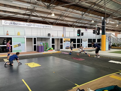 Children play goalball in the mobility centre