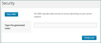 Security form: The SMS may take a few minutes to arrive, depending on your phone network. Type the generated code into the text field. 