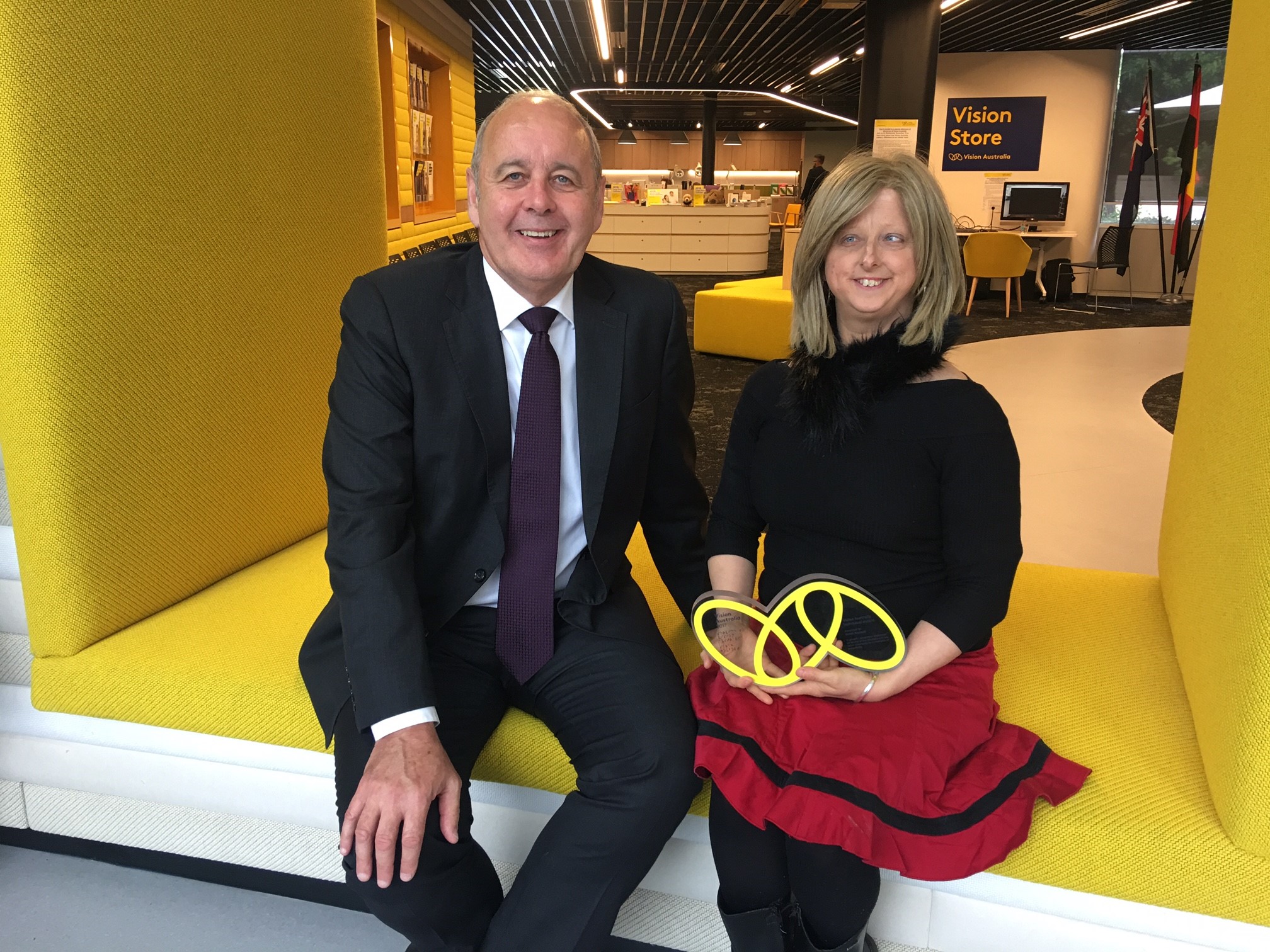 Vision Australia CEO Ron Hooton (left) with Sarah Houbolt.