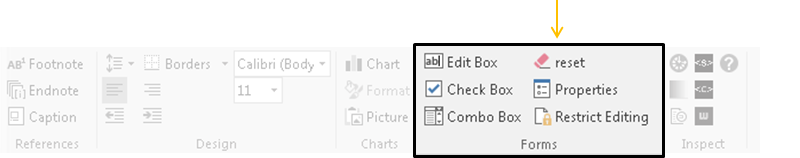 Forms group. The Forms group has 6 commands: Edit Box, Check Box, Combo Box, reset, Properties, Restrict Editing.