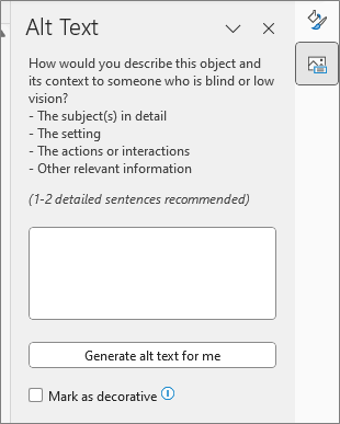 A screenshot of an example of an alt-text pane. There is an option in the pane to mark an image as decorative.